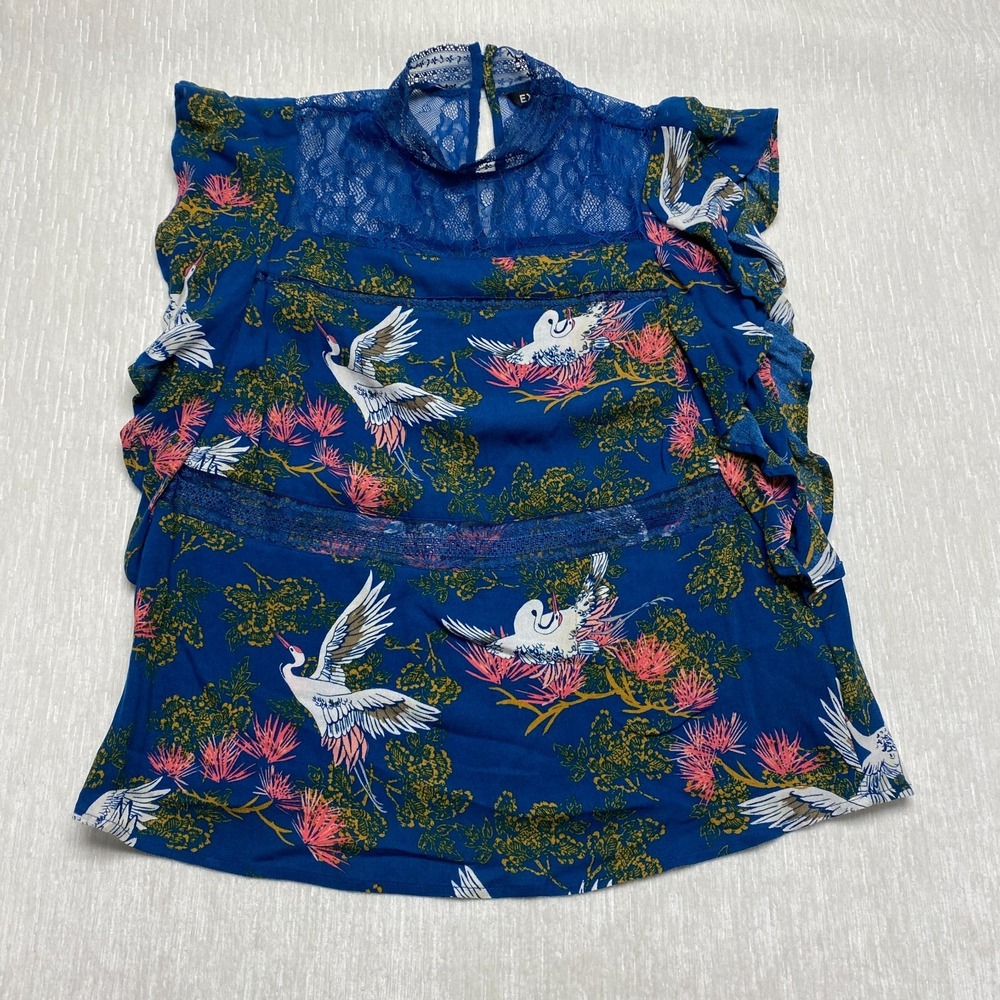 Express Womens Small Blue Crane Bird Print Ruffle Cap Sleeve Chiffon Lace Top